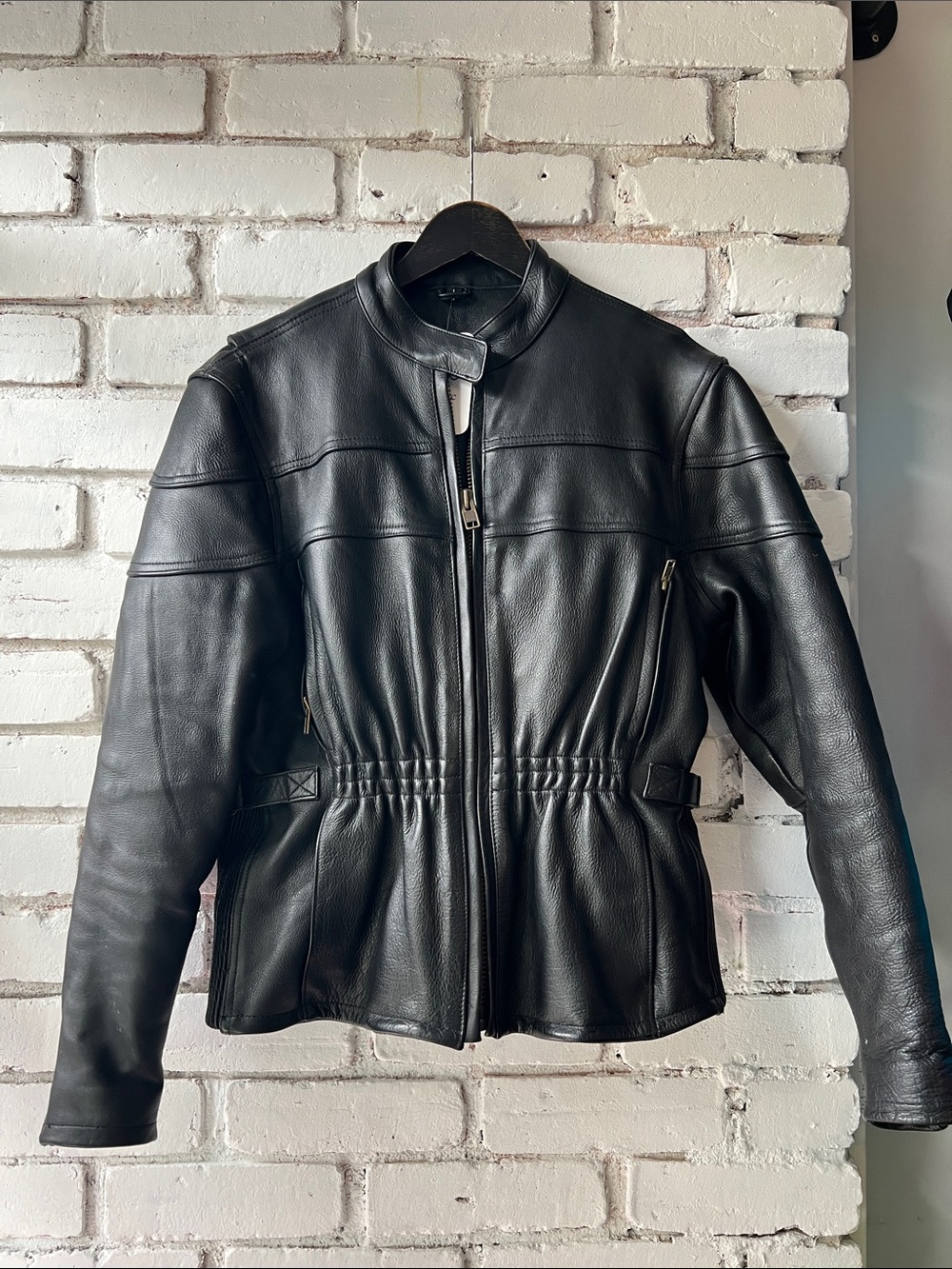 Classic Black Leather Women's Jacket - Sleek Zip Front motorcycle